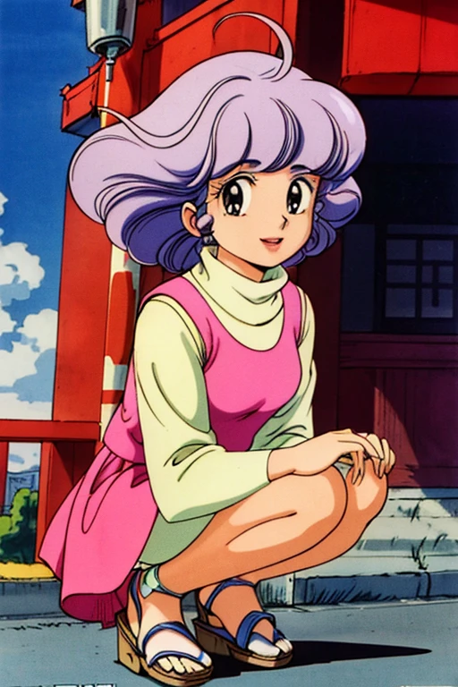 (masterpiece, best quality), high resolution picture of a Japanese female idol, retro artstyle, 1980s \(style\), solo, 1girl, full body, squatting with spread legs, pink dress, inner turtleneck sweater, heel-sandals, smile, outdoors, blue sky and clouds, 