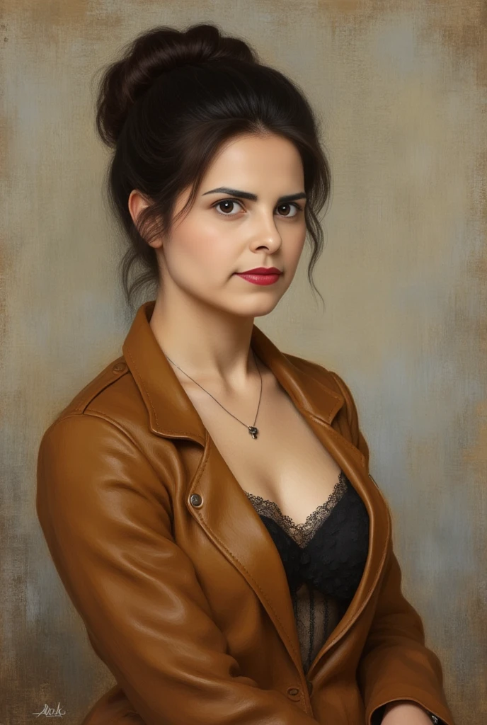 a realistic oil painting depicting a young woman with fair skin and dark brown hair styled in an elegant updo. She gazes thoughtfully into the distance, her expression serene and slightly contemplative. Her lips are a natural pink, and her eyebrows are delicately arched. She is dressed in a mustard-brown leather jacket that appears to be a vintage style, with a slightly worn texture that adds depth and character. Underneath the jacket, she wears a black, lacy top that is partially visible, suggesting a hint of modesty and sophistication. The background is a soft, muted blend of earthy tones, predominantly beige and brown, with subtle hints of blue and grey, giving a sense of a warm, natural setting. The painting style is impressionistic, characterized by loose brushstrokes that capture light and texture effectively. The artist uses a combination of warm and coo rendered in a loose, impressionistic style with thick, expressive brush strokes, The subject is a woman of light skin tone, with a slightly tanned complexion, and she has a serene expression. Her hair is a medium brown, styled in a simple, low bun, with strands gently framing her face. She has a prominent nose, full lips, and a slightly parted mouth, suggesting a calm or contemplative demeanor.

The background is a warm, earthy brown, devoid of any distinct features, which serves to focus attention on the subject. The lighting in the image is soft and natural, casting gentle shadows that accentuate her facial features and add depth to her expression. Her eyes are a deep brown, and she gazes directly at the viewer.

She is wearing a light brown garment, possibly a robe or a simple dress, with a loose, flowing texture that complements the softness of her facial features. The painting captures her from the shoulders up, with her head slightly turned to the right, giving a three-quarter view.

The overall mood of the painting is serene and introspective, with a focus on the subject's calm and thoughtful presence.