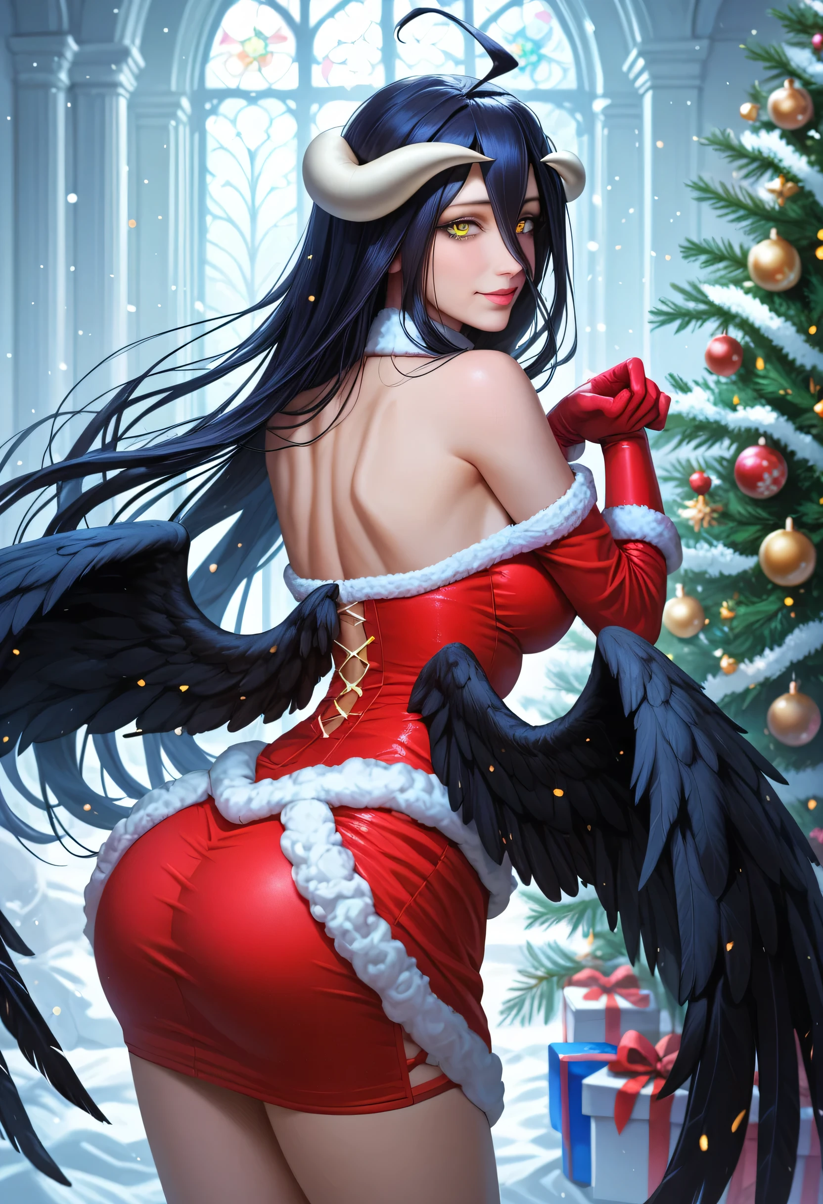  a girl,albedo,  long hair,   black hair , antlers, demon girl, antlers de demonio, albedo,   hair between the eyes  ,black wings behind your waist ,yellow-eyed ,   Cleft pupils,    coloring anime , Dress 1 + Head Accessory 1 +Collar 1 +Sleeves 2 ,  Sexy Lingerie Christmas Costume Passion Night Hip-Hugging Club Seductive Short Skirt Christmas Uniform Red, From behind showing the buttocks in a beautiful snowy landscape Christmas trees with spheres and gifts...