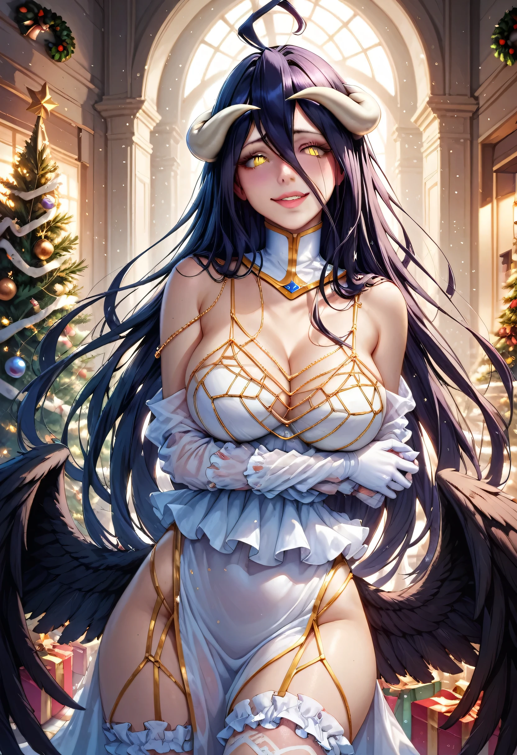  a girl,albedo,  long hair,   black hair , antlers, demon girl, antlers de demonio, albedo,   hair between the eyes  ,black wings behind your waist ,yellow-eyed ,   Cleft pupils,    coloring anime , Dress 1 + Head Accessory 1 +Collar 1 +Sleeves 2 ,  Sexy Lingerie Christmas Night Passion Night Hip-Hugging Club Seductive Short Skirt Uniform Christmas Red, in a beautiful snowy landscape Christmas trees with spheres ,gifts and reindeer ...