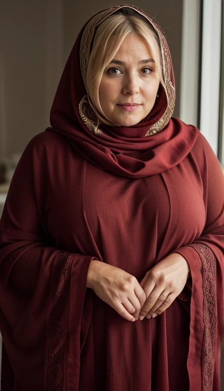 Full body shot pic of mature,european Swedish  blonde mom, sexy chubby muslim women blonde hairs,chubby, cute face,standing in room, 45yo, wearing red Cotton shawl and black  burka,(cinematic:1.3), intricate details, (ArtStation:1.2),detailed face, 4k, UHD,beautiful eyes, realistic skin texture,hairs tied up,