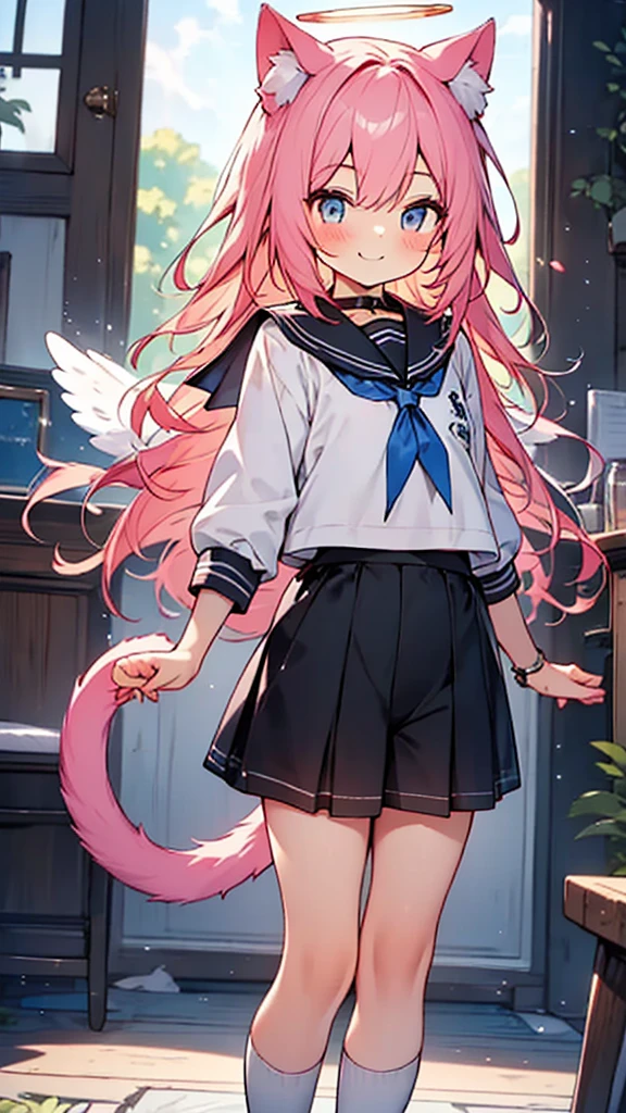 masterpiece,best quality,ultra detailed,small ,
1 cute young boy, pink hair,long hair,cat ears,cat tail,angel wing,halo, orange school sailor uniform, smile,