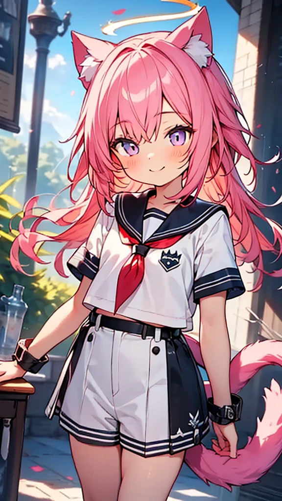 masterpiece,best quality,ultra detailed,small ,
1 cute young boy, pink hair,long hair,cat ears,cat tail,angel wing,halo, orange school sailor uniform, smile,