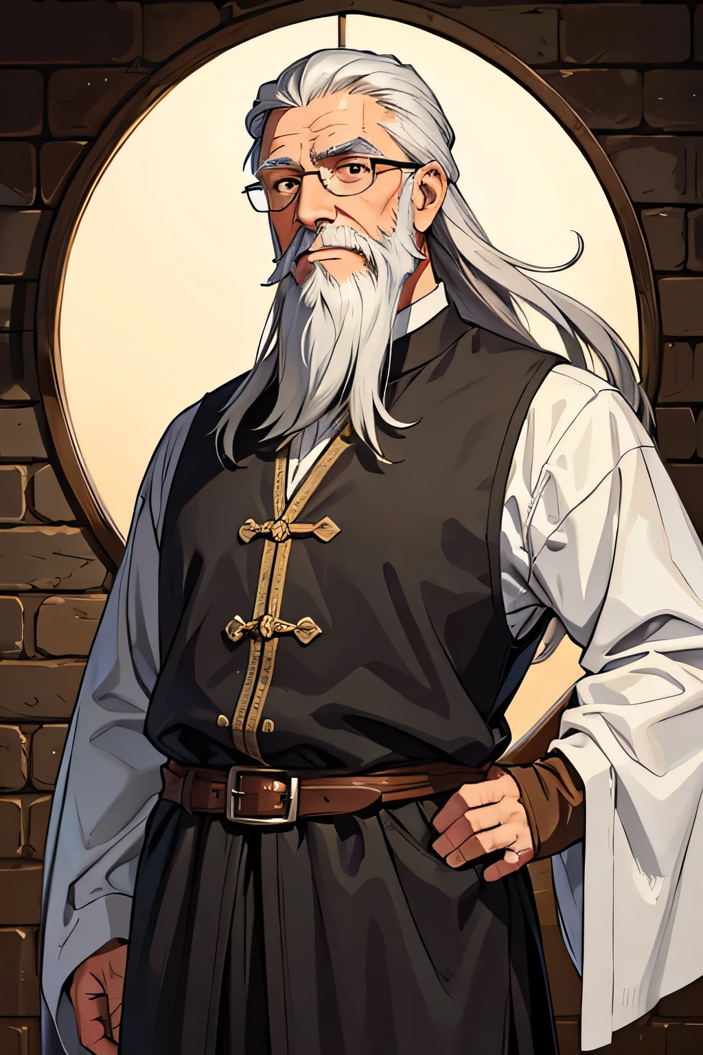 Old man with gray hair and long beard, His clothes are medieval and he wears glasses