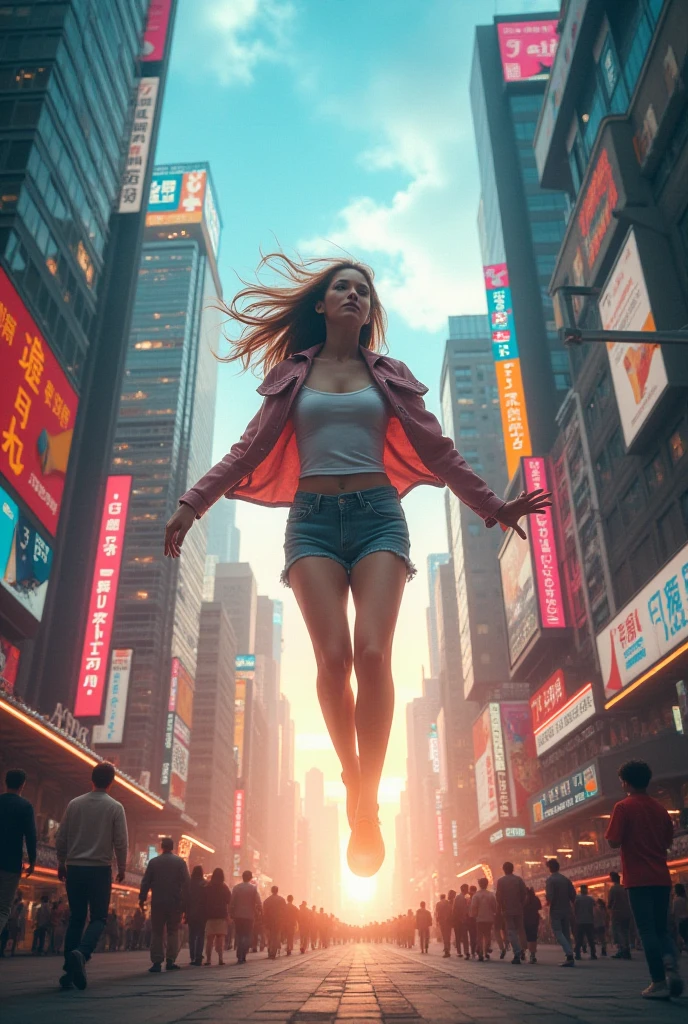 Three-dimensional jumping, optical illusion, rich sense of hierarchy, picture suspension, dimensional breakthrough, visual feast, high-resolution photography, cinematography, this work uses the naked eye 3D effect to create a woman running out of a brightly lit city in the movie visual effect.