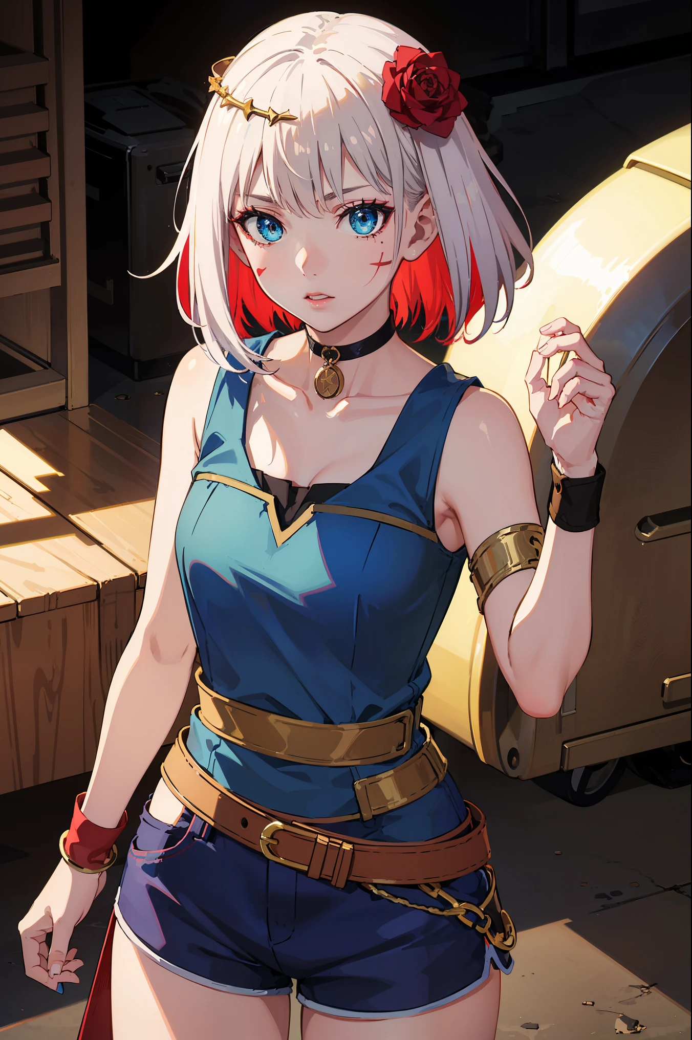 taktopdestiny, destiny, short hair, hair ornament, flower, white hair, red hair, multicolored hair, hair flower, rose, colored skin, facial mark, red flower, red rose, thorns,
BREAK ((choker, blue shirt, sleeveless, collarbone, blue shorts, yellow belt, wristband:1.5)),
BREAK outdoors,
BREAK looking at viewer, (cowboy shot:1.5),
BREAK (masterpiece:1.2), best quality, high resolution, unity 8k wallpaper, (illustration:0.8), (beautiful detailed eyes:1.6), extremely detailed face, perfect lighting, extremely detailed CG, (perfect hands, perfect anatomy),