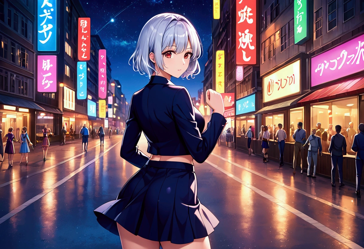 ((masterpiece)), (best quality),, official art, extremely detailed CG unity 8k wallpaper, highly detailed, shiny skin, Depth of field, vivid color,, 1girl, (curvy:0.4), (full body:0.6),, short hair, bangs, red eyes, skirt, looking at viewer, night, street, neon, looking back, star (sky), crowd, upper body,