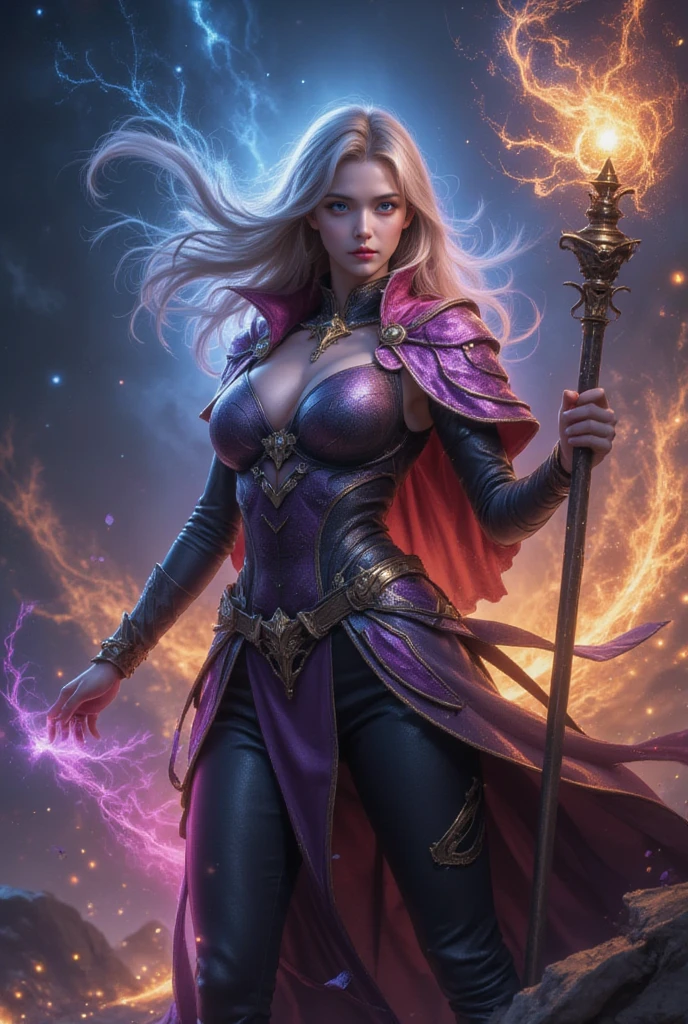 Artwork, (masterpiece), fantastic realism, beautiful young woman sensual vampire of the night, in tight leather pants sexy white and red, wine and lilac color cape, sword at the waist, fierce warrior, skillful, majestic blonde woman curly hair at the door of the cemetery moon in the sky --auto --s2