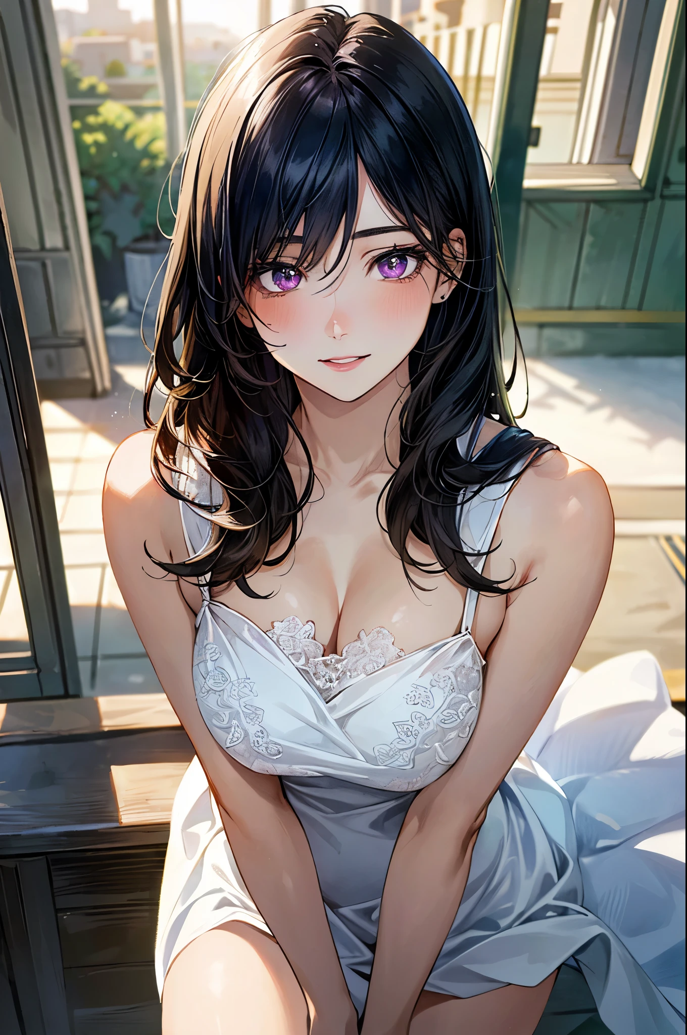 (masterpiece:1.3, top-quality, ultra high res, ultra detailed), (realistic, photorealistic:1.4), beautiful illustration, perfect lighting, natural lighting, colorful, depth of fields, ,
beautiful detailed hair, beautiful detailed face, beautiful detailed eyes, beautiful clavicle, beautiful body, beautiful chest, beautiful thigh, beautiful legs, beautiful fingers, beautiful hands,
looking at viewer, 1 girl, japanese, high school girl, (perfect anatomy, anatomically correct), cute and symmetrical face, babyface, perfect face, perfect eyes, shiny skin, slender,
(long hair:1.7, wavy hair:0.8, blue hair), antenna hair, hair between eyes, emerald black eyes, long eye lasher, (large breasts:0.8, seductive thighs), sitting with open legs, showing panties,
((long sleeve light purple knit dress, black tube top)),
(beautiful scenery), summer, evening, (school), (lovely smile, upper eyes),