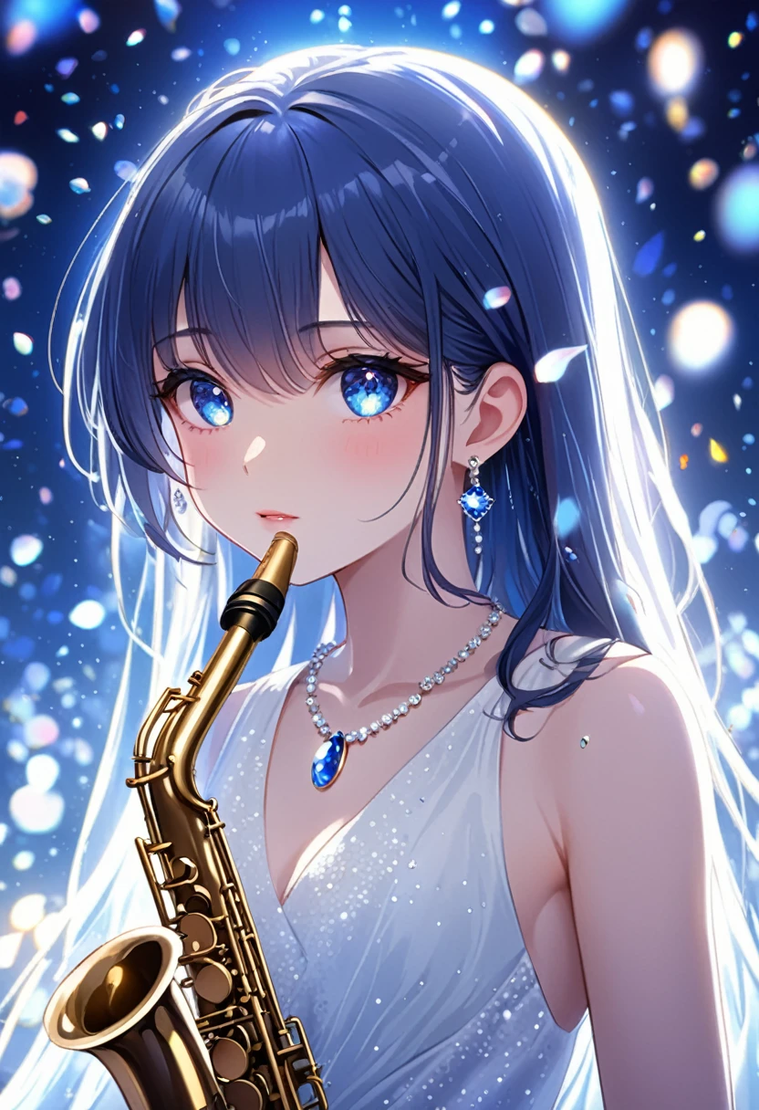 masterpiece, best quality, illustration, sax blue, platinum earrings, platinum necklace, white dress, 1girl, cute, (dynamic lighting:1.2), cinematic lighting, delicate facial features, detailed eyes, sharp pupils, realistic pupils, depth of field, bokeh, sharp focus, (hyper-detailed, bloom, glow:1.4), many small gems