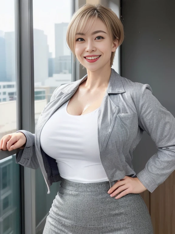 In 8K、 ultra high resolution、Best Quality、Masseter region、Realistic、 ultra high resolution、(Huge 、 pretty big breasts、 toned body:1.3)(Always an office lady、 wet white shirt 、 must wear a gray tight skirt and jacket、 office in a high-rise building :1.3)( dark blond hair and extremely short hair 、 Japanese Women、 very cute、 cute smile:1.28)Black pin heels ,((( full body photo))),((Detailed face:1.5))