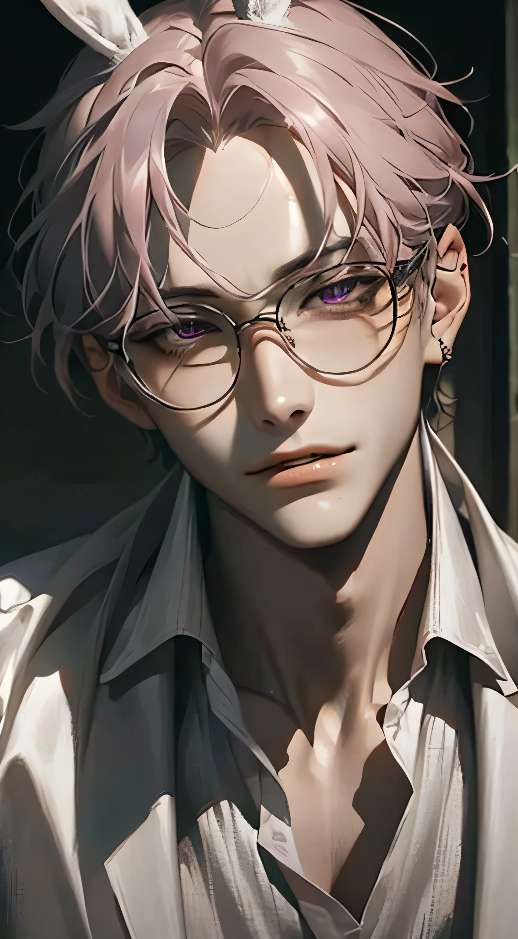 (Best Quality, 4K, 8K, High Resolution, Masterpiece: 1.2), Super Detailed, (Actual, Photo Actual, Photo-Actual: 1.37), 1 Man, 31 Years Old, Mature Man, Very Handsome , expressionless, smile, short gray-pink hair, purple eyes, piercing gaze, perfect face, flawless, imposing, cafe background, movie lighting, hdr image, two long bunny ears, clothes shirt, gentle smile, charm of
