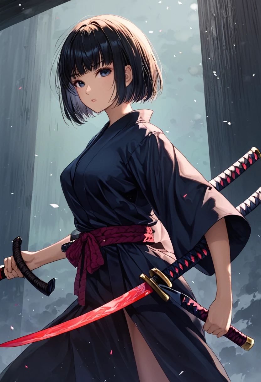 1girl, short hair, holding katana