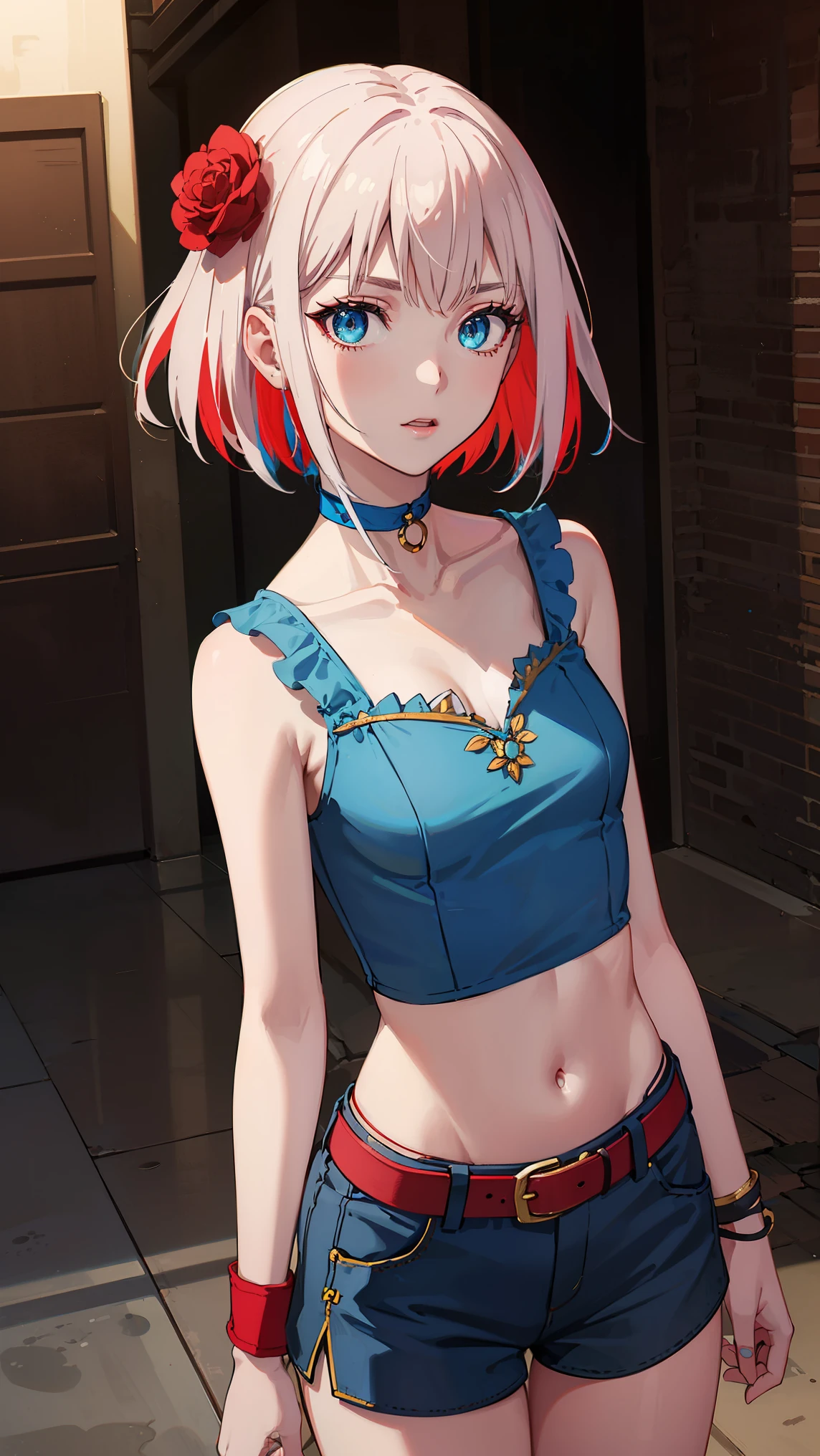 taktopdestiny, destiny, short hair, hair ornament, flower, white hair, red hair, multicolored hair, hair flower, rose, colored skin, red flower, red rose, thorns,
BREAK ((choker, blue shirt, sleeveless, collarbone, blue shorts, yellow belt, wristband:1.5)),
BREAK outdoors,
BREAK looking at viewer, (cowboy shot:1.5),
BREAK (masterpiece:1.2), best quality, high resolution, unity 8k wallpaper, (illustration:0.8), (beautiful detailed eyes:1.6), extremely detailed face, perfect lighting, extremely detailed CG, (perfect hands, perfect anatomy),