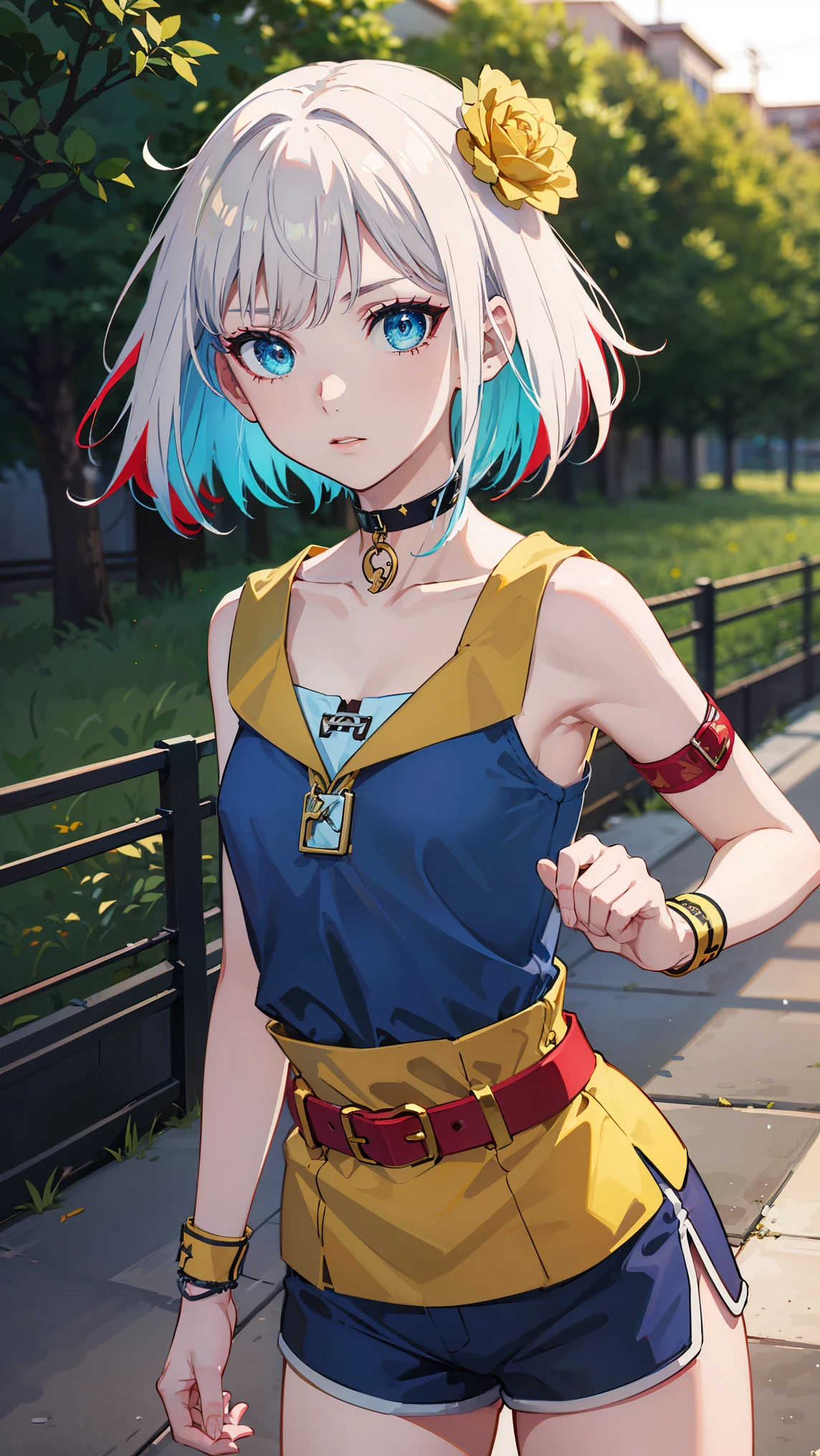 taktopdestiny, destiny, short hair, hair ornament, flower, white hair, red hair, multicolored hair, hair flower, rose, colored skin, red flower, red rose, thorns,
BREAK ((choker, blue shirt, sleeveless, collarbone, blue shorts, yellow belt, wristband:1.5)),
BREAK outdoors,
BREAK looking at viewer, (cowboy shot:1.5),
BREAK (masterpiece:1.2), best quality, high resolution, unity 8k wallpaper, (illustration:0.8), (beautiful detailed eyes:1.6), extremely detailed face, perfect lighting, extremely detailed CG, (perfect hands, perfect anatomy),