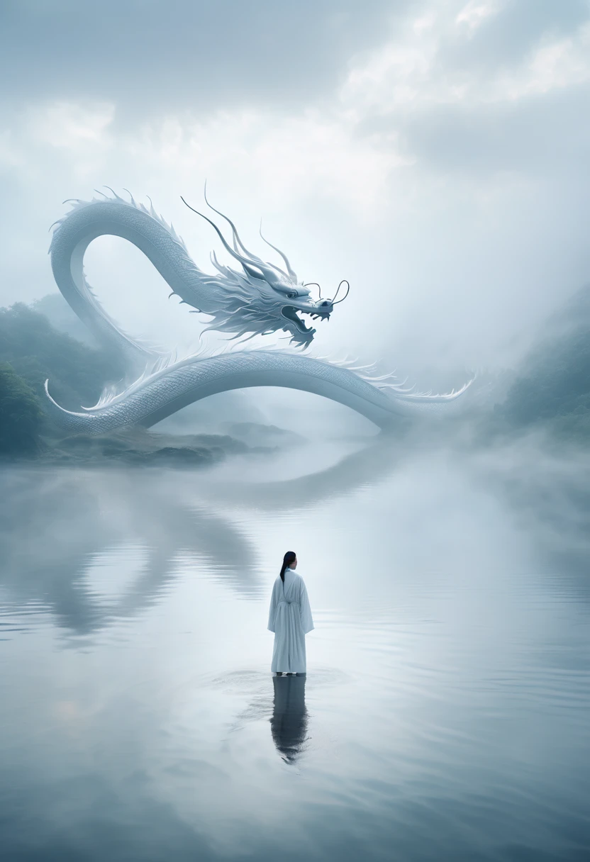 A white Chinese dragon stares at a woman in a misty lake. Clouds, thick fog, symmetrical composition, a woman in a white robe walking on the lake and her back to the dragon, full of mystery, close-up