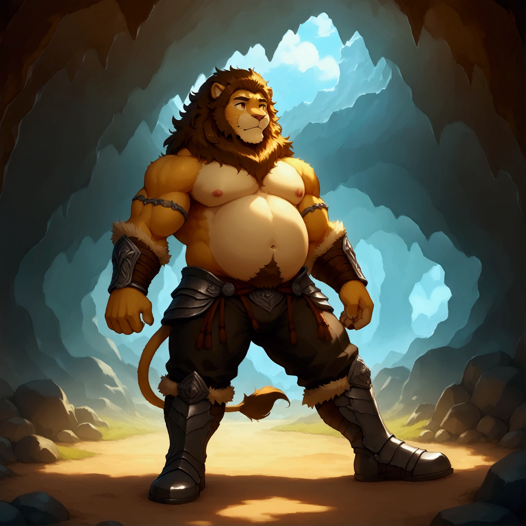 character focus, full body, looking away, various angle, european fantasy, a musclegut middle-aged lion man, clothed, heroic costume, pants, dynamic pose, BREAK complete anatomy, perfect proportions, beautiful thigh gap, fluffy body, intricate fur details, beautiful fur texture, BREAK a detailed lion tail, detailed boots, detailed foot, detailed hands, 5fingers, 5fingers nails, BREAK aesthetic anime face, insanity detailed face, male face, big face, square jawline, aesthetic anime eyes, detailed brown eyes, detailed brown cornea, detailed dark brown irises, detailed pupils, male eyes, big eyes, male eyebrows, innocent look, beautiful beard, BREAK full body in Michelangelo Buonarroti style, digital illustration anime, housamo style, detailed painting landscape, cave, path, outdoor, full color, HDR, BREAK masterpiece, official art, best quality, very aesthetic, absurdres, super fine illustration, great quality, BREAK noise reduction, very highres, large filesize, high quality, 32K, 8k wallpaper, dynamic lighting, BREAK insanity detailed, ultra detailed, intricate details, extremely detailed, detailed texture, an extremely delicate and beautiful, BREAK osukemo, e621 illustration, kemohomo, anthropomorphic, furry, cartoon, harmonious body, pastoral face, virtuous eyes, epic atmosphere