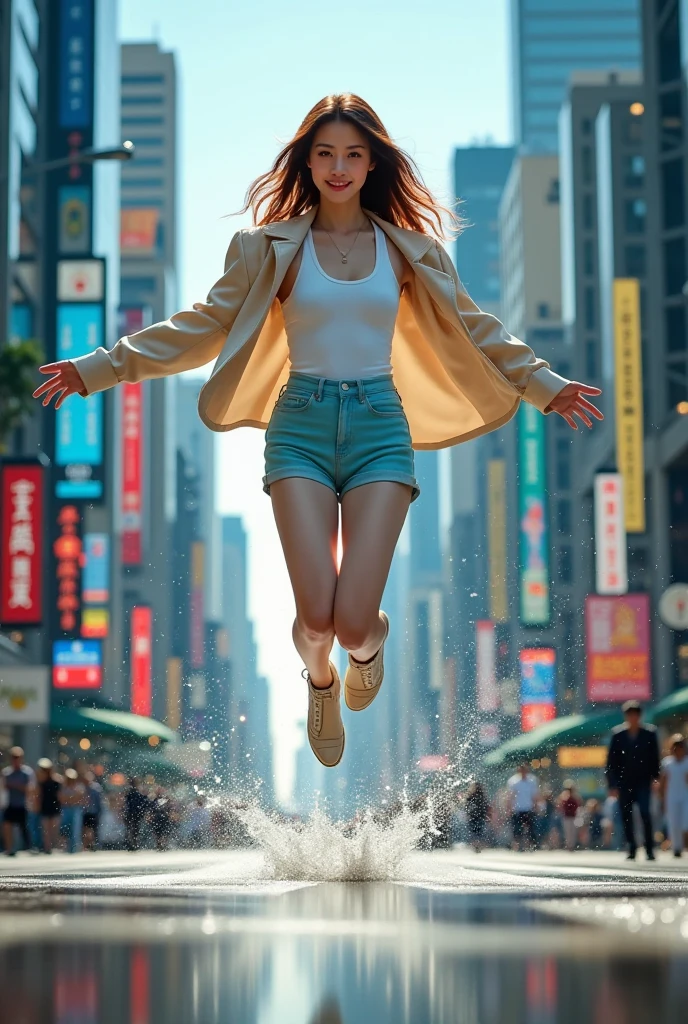 Three-dimensional jumping, optical illusion, rich sense of hierarchy, picture suspension, dimensional breakthrough, visual feast, high-resolution photography, cinematography, this work uses the naked eye 3D effect to create a woman running out of a brightly lit city in the movie visual effect.
