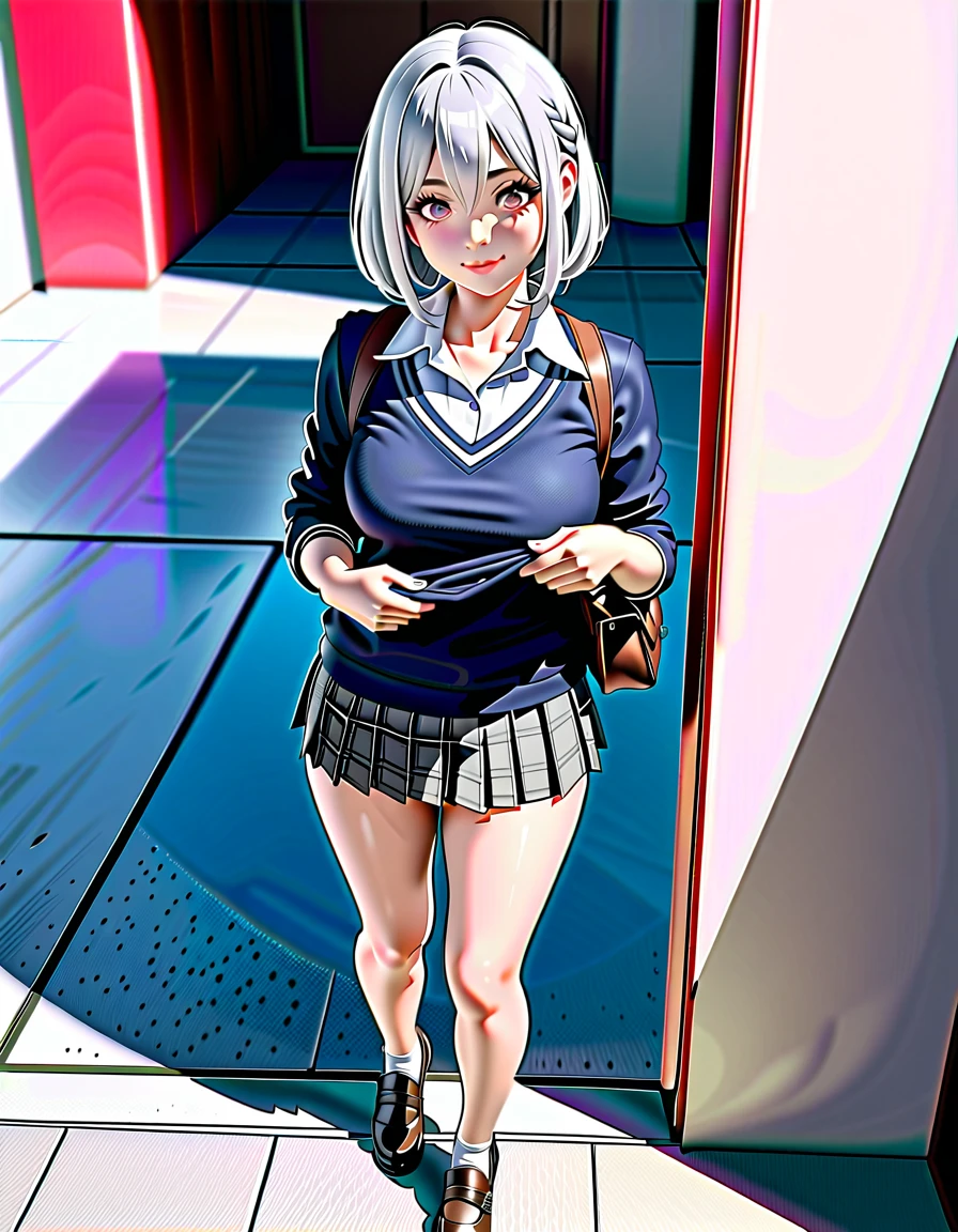 1 Japanese girl, from above, ((shiny silver hair)), bob cut, bang between eyes, beautiful hair), (glossy silver eyes:1.5), (beautiful eyes, twinkle eyes, large eyes), (athlete body, large breasts), cute face, beautiful face, pretty face, beautiful, good anatomy, long eyelashes, expressive eyes, Perfect Hand, perfecteyes, glossy pink lips, BREAK (glossy silver eyes:1.5), (beautiful eyes, twinkle eyes, large eyes), (athlete body, large breasts), cute face, beautiful face, pretty face, beautiful, good anatomy, long eyelashes, expressive eyes, Perfect Hands, embarrassed, perfecteyes, BREAK (School Uniforms:1.3), (wear a navy-blue braid knit-sweater over a white collared-shirt:1.4), (tucked out sweater, sweater pull:1.3), (red bow:1.4), (plaid pattern pleated skirt:1.3), holding a black school bag, BREAK 1girl, morning, walking, sunny, daylight, city, street, walking, smile, happy, scenary, BREAK Sketch, UHD, retina, masterpiece, high details, high quality, super detail, best quality, highres, 4K, 8k, cute, beautiful, full body detailed, 32K, high details, perfect lighting, perfect anatomy, sharp outline, high definition, extreme illustration, ambient lights, soft light,