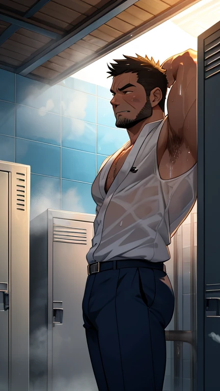 A black man standing on the bus , full expressions, dormindo cueca branca, roupas molhadas, pubic hair visible, BOJO MAIOR, large bulge, large bulge, de cueca branca transparente, bus full of people crying until they go black, pessoas gravando o