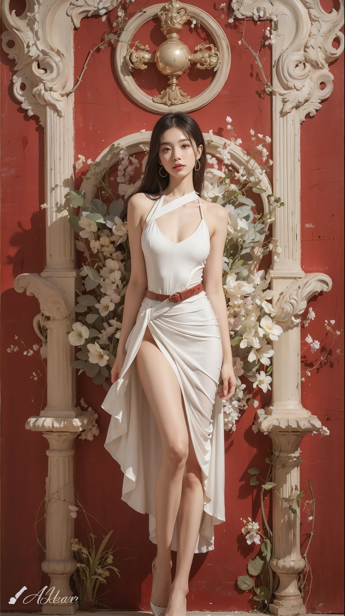 dunhuang_cloths,dunhuang_dress, ((full body)), ((Sitting position)), ((Very short hemline, sexy long legs)), ((bare shoulders)),Asian female model, A young and beautiful girl, Pose gracefully, Attractive pose, high and cold, Blonde hair, curlies, Long messy hair, Beautiful and delicate eyes, A plump chest, slim toned body, closeup cleavage, warmly lit, Warm color palette, tmasterpiece, Best quality, offcial art, rich details​, Clear face, profesional lighting, physically-based renderingt, 耳Nipple Ring, choker necklace, light make-up