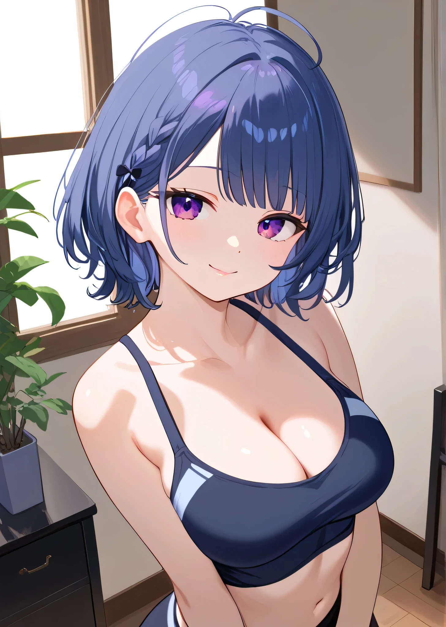 (((Best Quality))),(Unparalleled masterpiece,  side light,  beautiful and beautiful eyes: 1.2), Ultra-realistic 8k CG,  Perfect Artwork, very detailed,Confused,  ultra high resolution, Extremely super detailed,(((Koshimizu Toru ))),((1 person)),Alone,(Grey sports bra:1.3),((( bright purple eyes,fine grain:1.1))) short hair, blue hair ,Triangular hair ornament, for moles under eyes,Perfect hands,((( hands behind their heads,Sideshow))),break,smile, seductive pose , Seductive Poses,breakslender,Hot,cute,  perfectly symmetrical face, 超cutegirl, 超cuteface,  very detailedな目,Ultra detailed hair, 超cute,  so beautiful,room,(((Beautiful breasts,Large Chest, cleavage:1.3)))