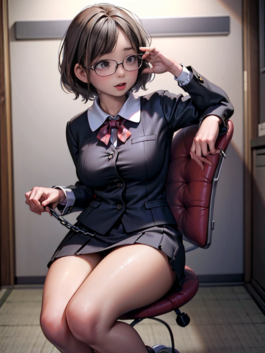            Japanese Women (  wearing rimless glasses   )  (      black haired short bob ),      Plump Body        ,   Dark Eyes ,(     highlights   、  着ている人の写真だけをI'm sitting to    highlights          )          OL uniform      , (      女性を   highlightsするために座っています    、  I'm sitting to    highlights          ),  Big Breasts ,        I'm wearing a mini pleated skirt          ,           I'm sitting in a chair with my legs extended            、    Chest    、           Sexy Poses    ,          full body shot holding a chain sickle from Miyazaki Island      ,                   seductive expression                 、 In the conference room.              balanced head and body                   