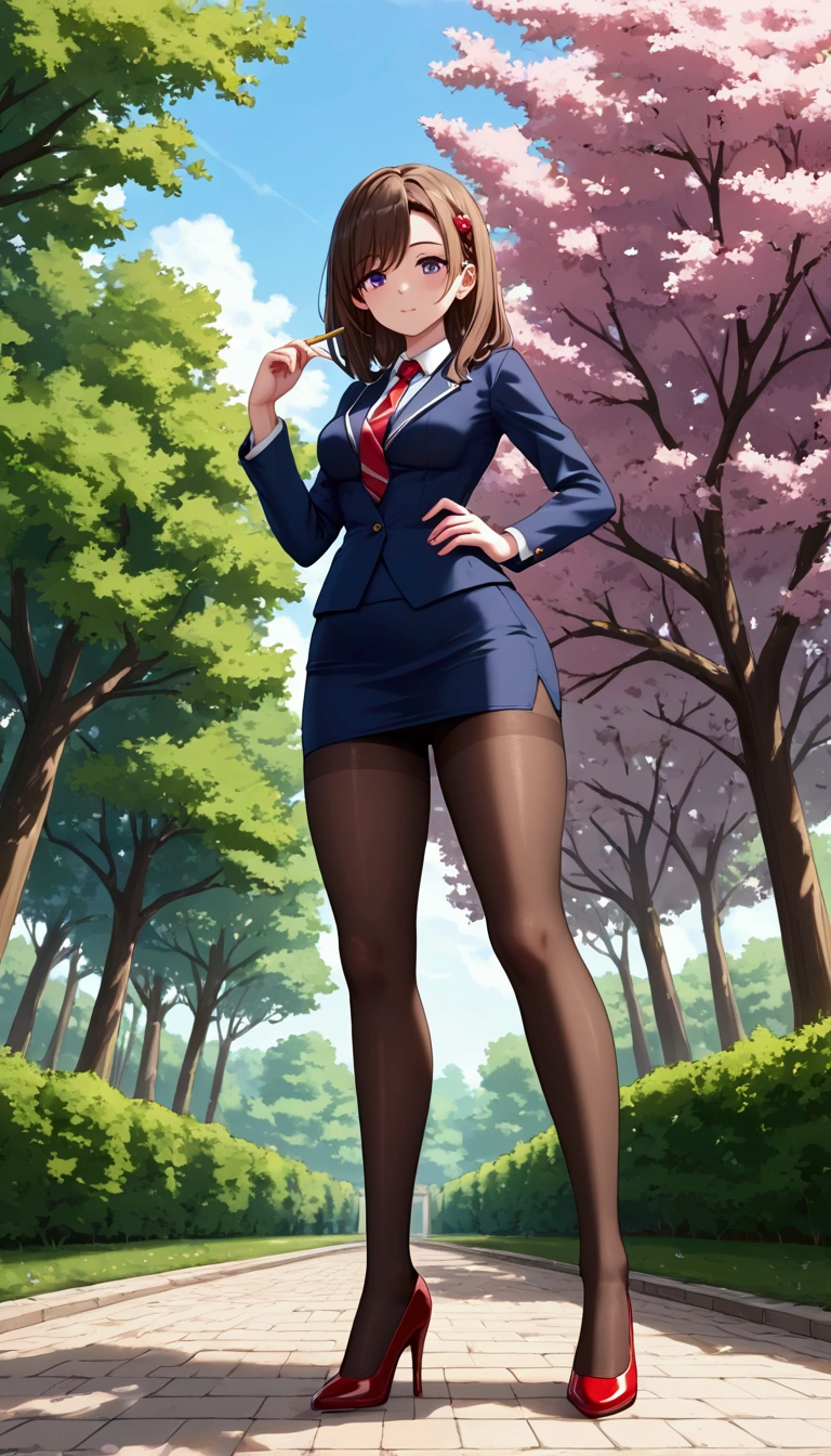 masterpiece, best quality,4girl,young girl, plum_pie eyes, brown, choppy bob,envious _face,shiny skin,medium breasts,nice leg line:1.3,thick thighs, thin waist,school uniform, thighhighs,necktie,((pencil skirt)),red color high heels,   pantyhose, , Pathway_lined_with_blooming_cherry_blossom_trees,,looking at viewer,from below,full body, legsupsexms,