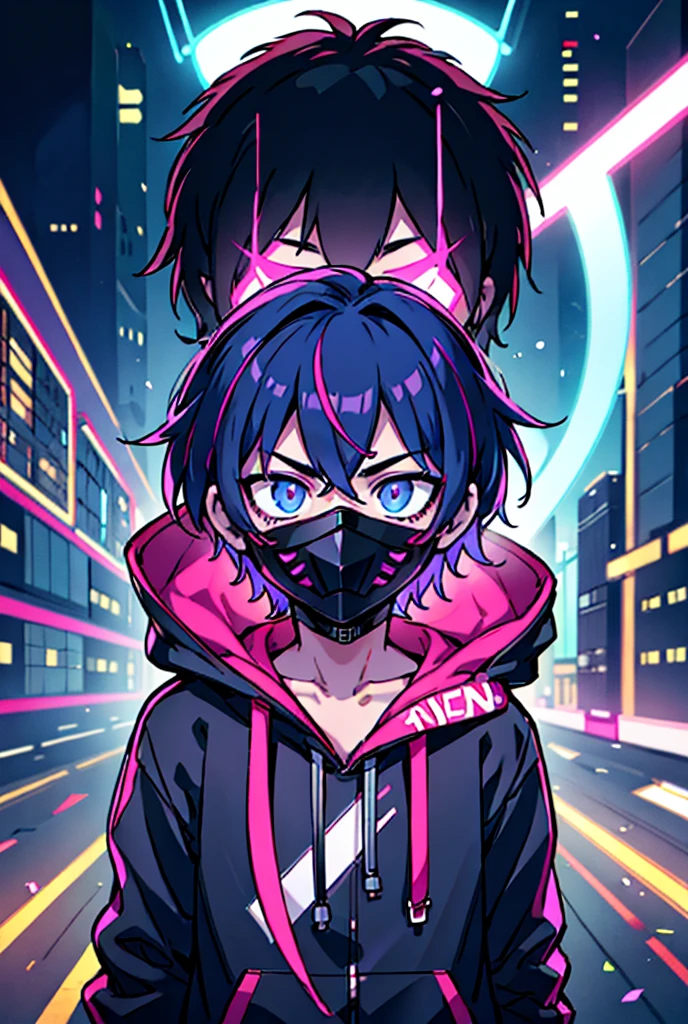 1boy, portrait, Central Focus, Centered, Fully in-frame, Solo, Standing still, zoomed out, Neon Anonymous Mask

Gender: male

Appearance: anonymousmaskneon, Masked neon-haired boy with an anonymous LED mask wearing a chromatic LED hoodie, cyberpunk streetwear fashion