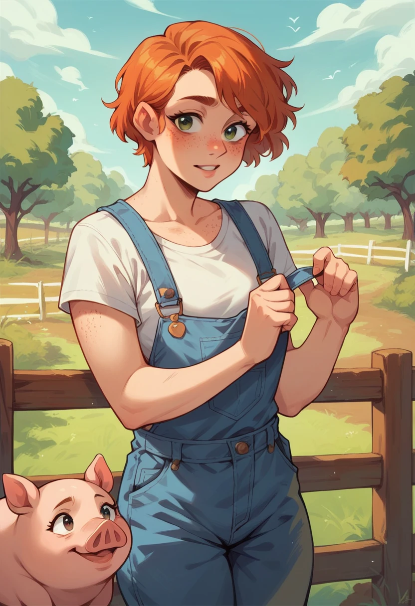 A teenage ginger girl is cleaning a pig stall, muddy ground, farm, pigs around her, wearing a overalls and a white top, dutch ginger with freckles