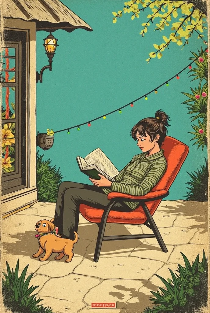 a ， Sitting in an outdoor chair and reading a book ， Using a ponytail ，Illustration，flat， Texture style ，There are details ，A gram， There's a cute puppy and a baby cat，