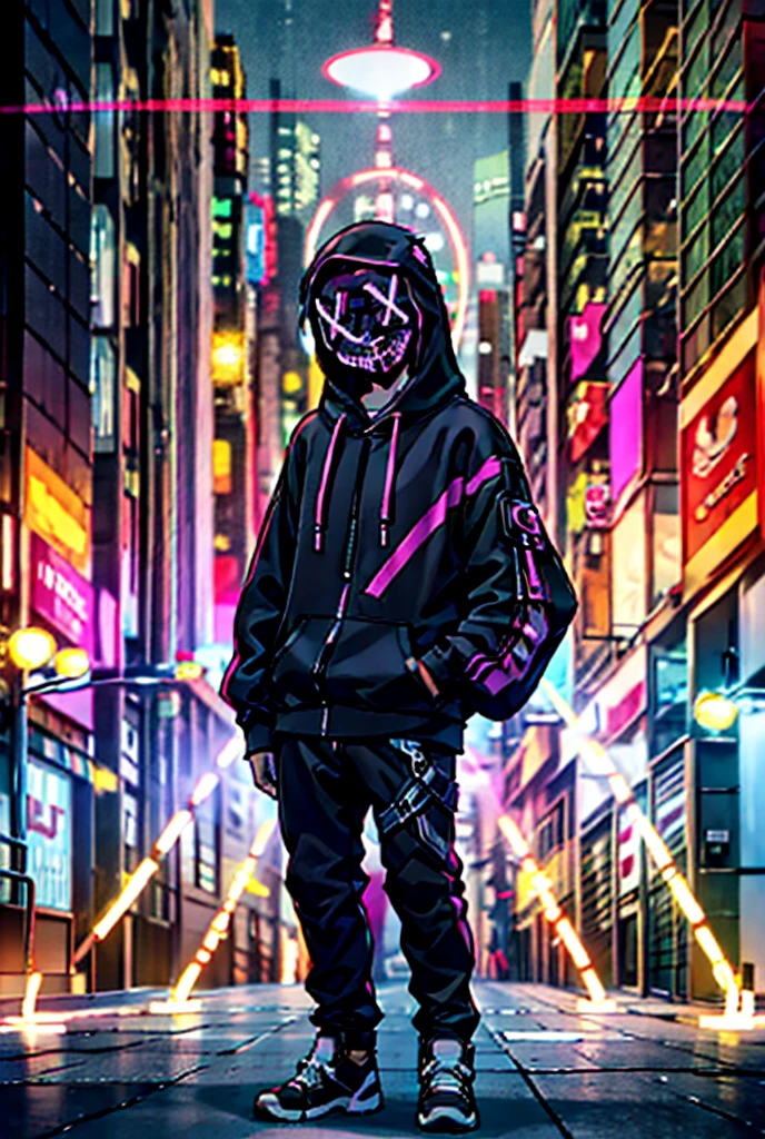 1boy, portrait, Central Focus, Centered, Fully in-frame, Solo, Standing still, zoomed out, Neon Anonymous Mask

Gender: male

Appearance: anonymousmaskneon, Masked neon-haired boy with an anonymous LED mask wearing a chromatic LED hoodie, cyberpunk streetwear fashion