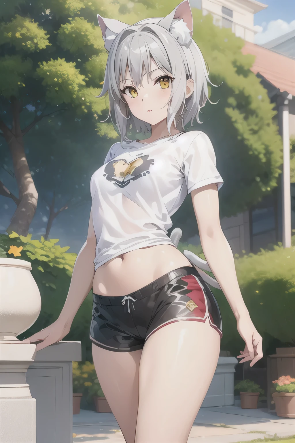(masterpiece, best quality:1.5), (ultra detailed, high resolution, 8k, beautiful detailed, UHD, best anatomy), white hair, small breasts, 1 girl, barefoot, mirage caused by steam, Wandering in a mirage, crop top, troubled expression, Impatient expression, steam