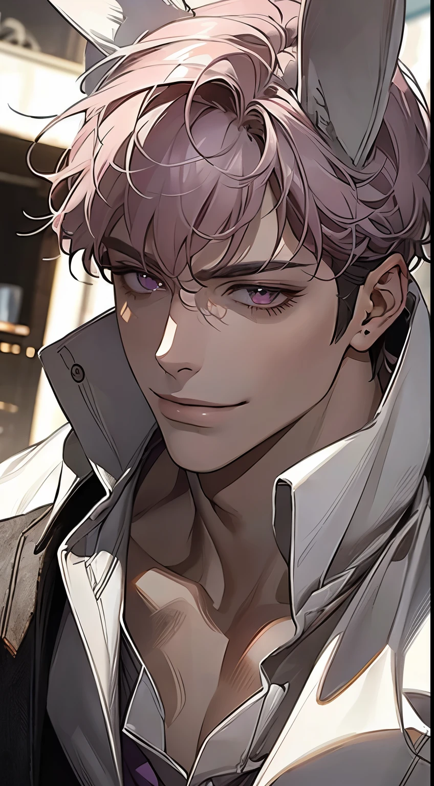 (Best Quality, 4K, 8K, High Resolution, Masterpiece: 1.2), Super Detailed, (Actual, Photo Actual, Photo-Actual: 1.37), 1 Man, 31 Years Old, Mature Man, Very Handsome , expressionless, smile, short gray-pink hair, purple eyes, piercing gaze, perfect face, flawless, imposing, cafe background, movie lighting, hdr image, two long bunny ears, clothes shirt, gentle smile, charm of