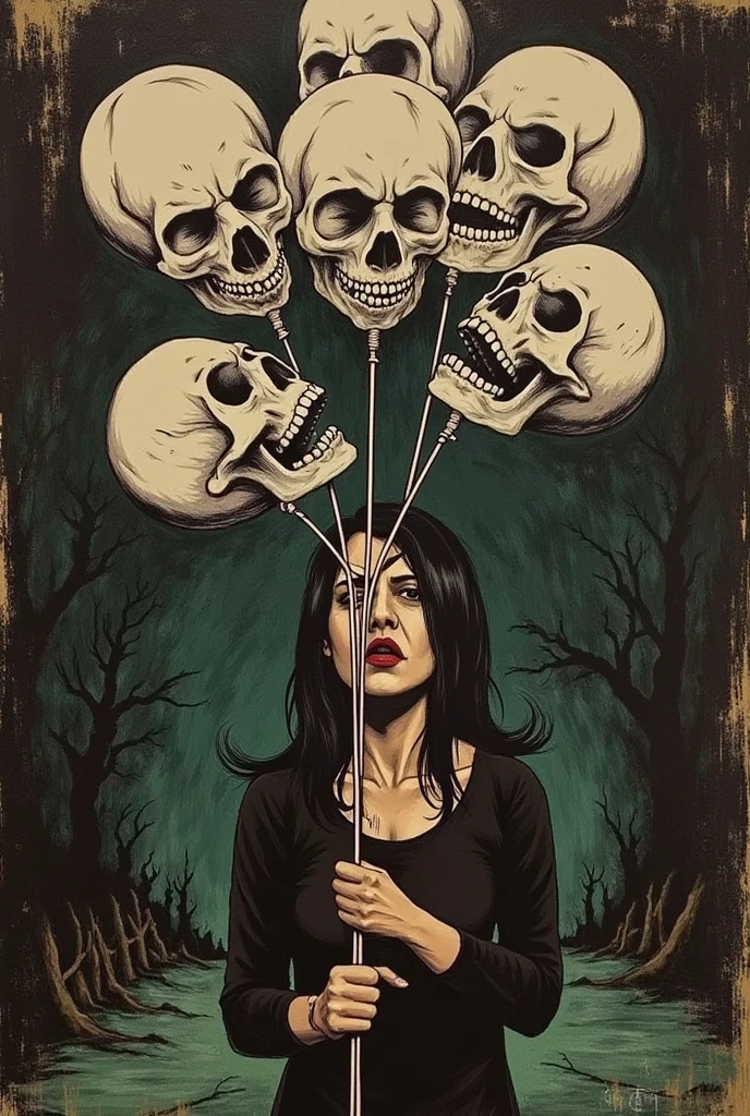 a painting of a woman holding a bunch of skull balloons, disturbing, repugnant, sombrio, rotten, by junji ito