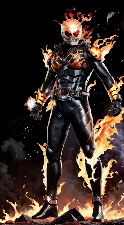 ((solo, kamen rider, shinkr, ghostrider, wearing leather jacket, leather pants)), (((fire pattern))), (((burning head))), mask painted like a skull skeleton, mecha, (standing), full body detailed, detailed hands, good fingers, good hands, good legs, red scarf, low hood, ((epic burning city)), ruins, floating, explosion, debris, some fire and glitter background, ultra hd, ultra realistic texture, (flare lens:1.2), (long shot:0.9)