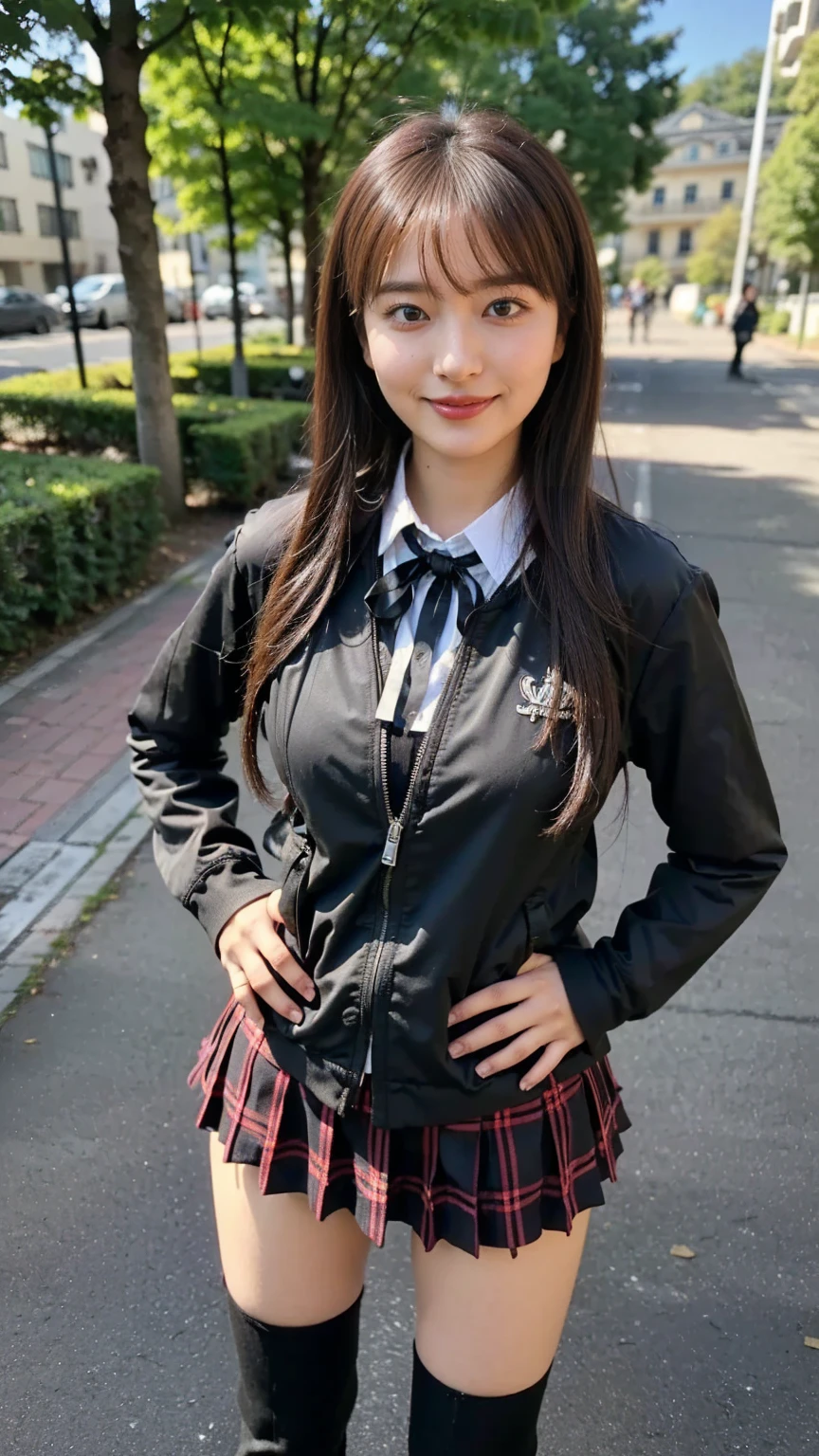 (8k、RAW photo、Best Quality、masterpiece:1.2)、(Realistic、Realistic)、1 person、((Black jacket、 long hair 、uniform、 plaid mini skirt 、 big breasts at the temple、 medium hair、Black boots、smile、Thin legs、Ribbon on chest、whole body、 standing with hands on hips )、cute