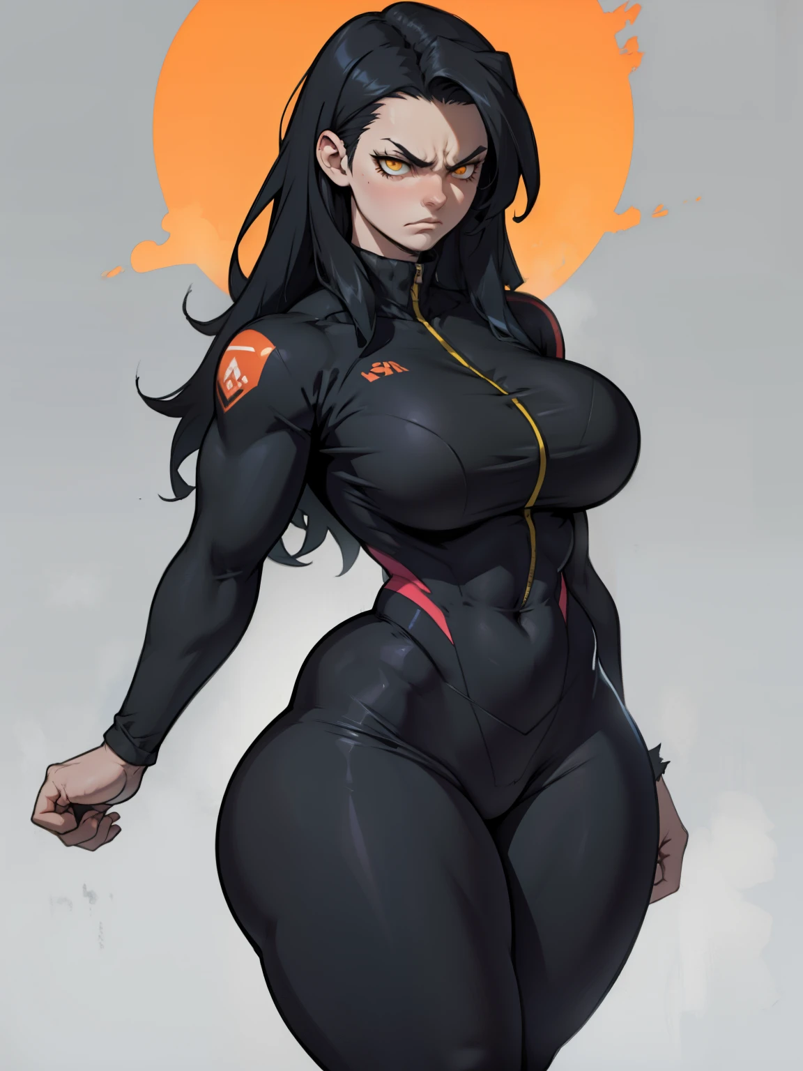 ((((muscular 1girl)))) ((((thick toned body breasts)))) (pale skin) black hair yellow eyes very long hair expressionless expressionless skintight