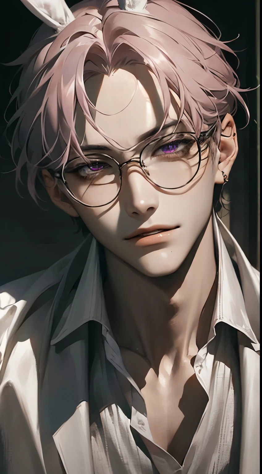 (Best Quality, 4K, 8K, High Resolution, Masterpiece: 1.2), Super Detailed, (Actual, Photo Actual, Photo-Actual: 1.37), 1 Man, 31 Years Old, Mature Man, Very Handsome , expressionless, smile, short gray-pink hair, purple eyes, piercing gaze, perfect face, flawless, imposing, cafe background, movie lighting, hdr image, two long bunny ears, clothes shirt, gentle smile, charm of