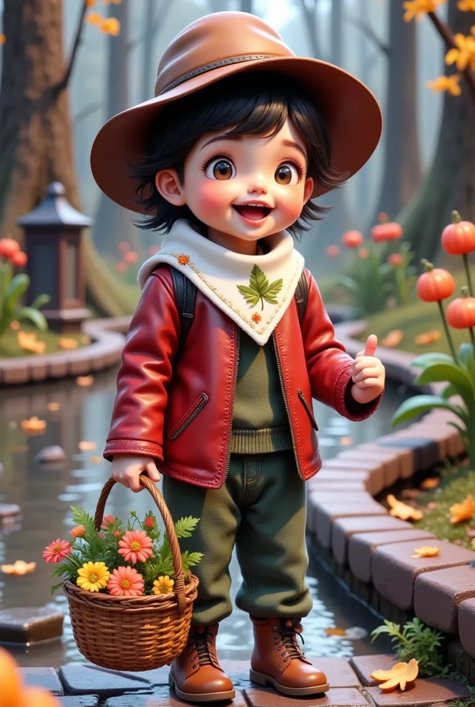 Imagine a curious , around 4-, with wide-open eyes and a bright smile. They are exploring the
outdoors, likely in a park or forest. The  is holding a small basket to collect flowers, seeds, or other
natural objects.

**Details:**

*   The  is wearing a red leather jacket and green pants.
*   The 's arms are covered with a white cotton handkerchief featuring a leaf design.
*   The 's face is tilted forward as they examine something closely.
*   The  is standing in front of a small water source, such as a fountain or stream.