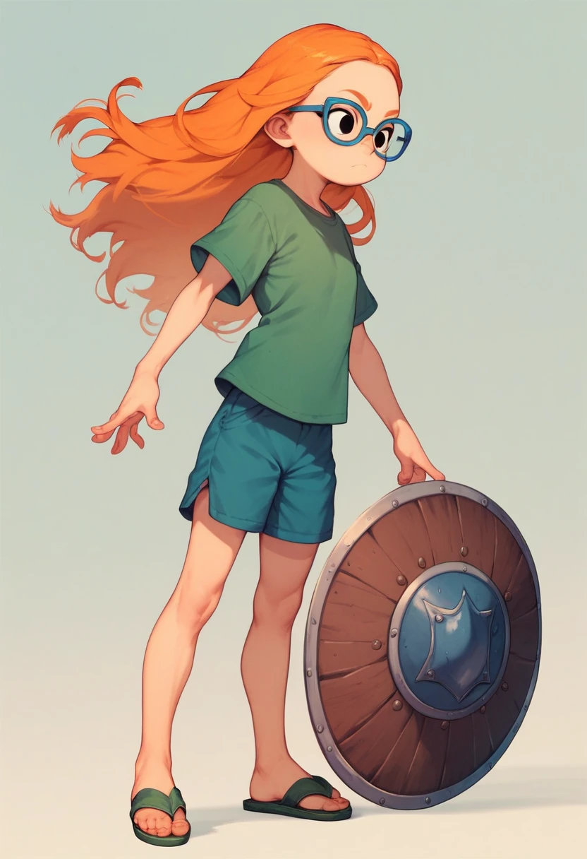 MertleEdmondsLSXL, girl, , black eyes, orange hair, long hair, blue glasses, flat chest, green shirt, short sleeves, blue shorts, green sandals, shield