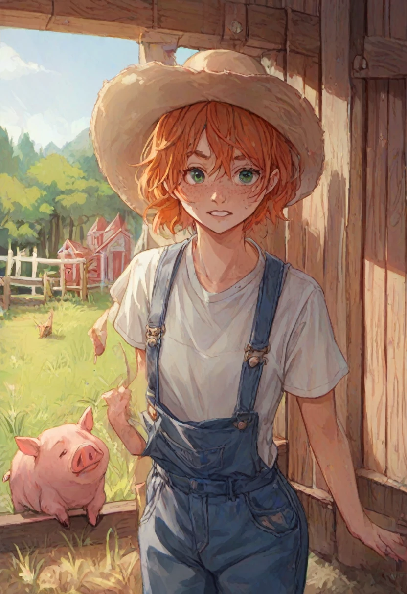 A teenage ginger girl is cleaning a pig stall, muddy ground, farm, pigs around her, wearing a overalls and a white top, dutch ginger with freckles