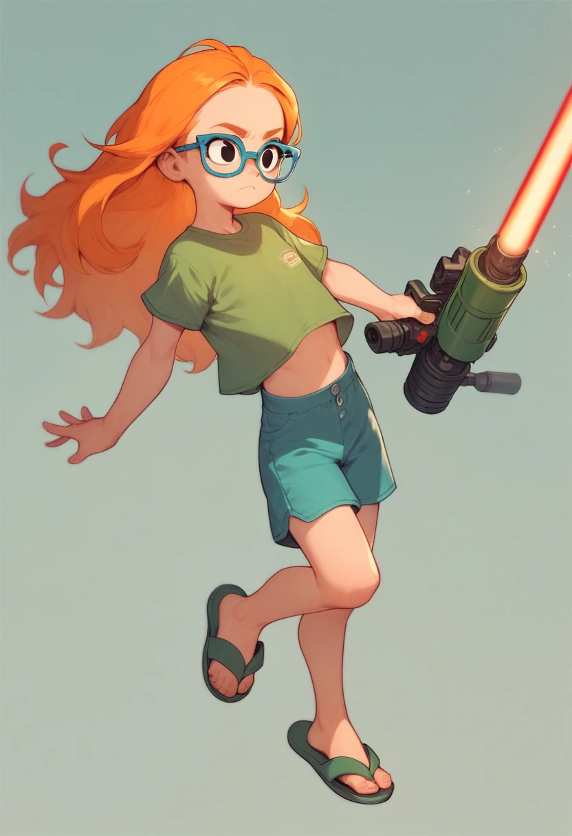 MertleEdmondsLSXL, girl, , black eyes, orange hair, long hair, blue glasses, flat chest, green shirt, short sleeves, blue shorts, green sandals, laser pistol