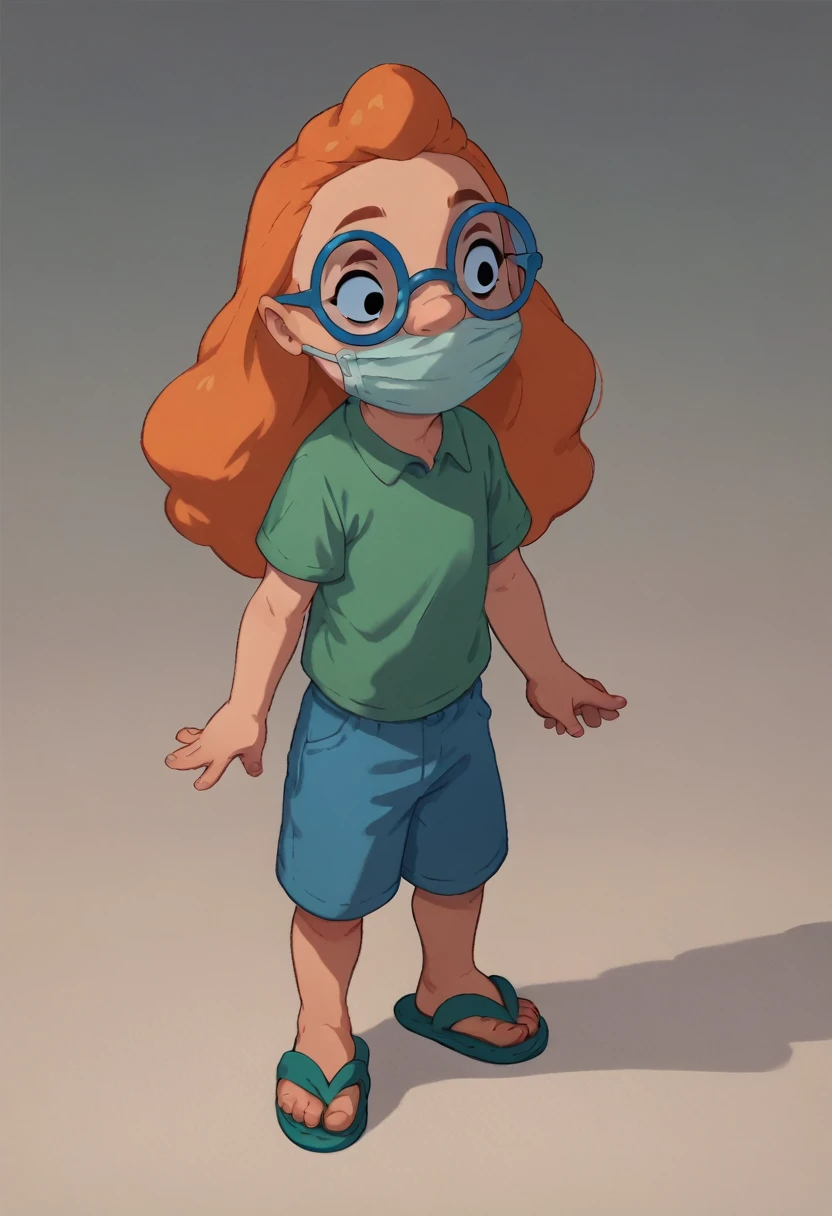 MertleEdmondsLSXL, , black eyes, orange hair, long hair, blue glasses, flat chest, green shirt, short sleeves, blue shorts, green sandals, blue surgical mask