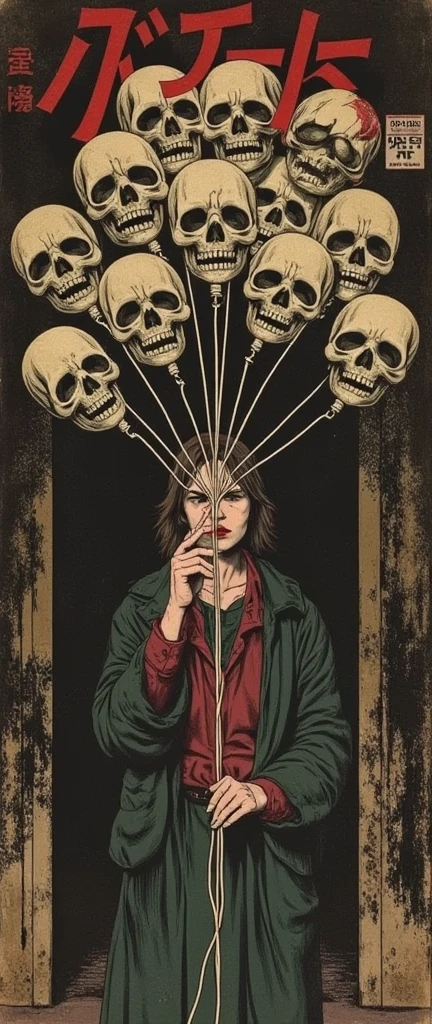 a woman holding a bunch of skull balloons, disturbing, repulsive, gloomy, rotten, by junji ito, text at the top "skull balloon", manga cover style, dark and moody atmosphere, highly detailed, 8k, cinematic lighting, chiaroscuro, unsettling, haunting, eerie, gothic, horror, surreal, macabre, twisted, sinister, ominous, (best quality,4k,8k,highres,masterpiece:1.2),ultra-detailed,(realistic,photorealistic,photo-realistic:1.37)