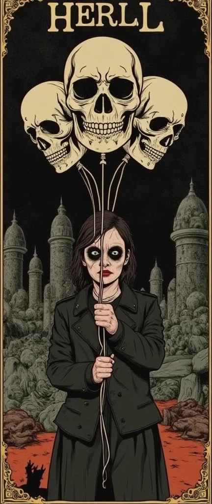 a woman holding a bunch of skull balloons, disturbing, repulsive, gloomy, rotten, by junji ito, text at the top "skull balloon", manga cover style, dark and moody atmosphere, highly detailed, 8k, cinematic lighting, chiaroscuro, unsettling, haunting, eerie, gothic, horror, surreal, macabre, twisted, sinister, ominous, (best quality,4k,8k,highres,masterpiece:1.2),ultra-detailed,(realistic,photorealistic,photo-realistic:1.37)