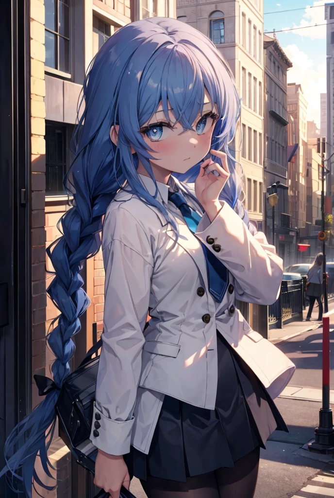 (masterpiece,intricate details),1 girl,mature woman,light _face, BREAK Roxymigurdia, Roxy, Ahoge, black ribbon, blue eyes, blue hair, Braid, hair between eyes, hair ribbon, long hair, twin Braids, very long hair, Destroy White Y-Shirt,Blue Blazer,Blue pleated skirt,Gray pantyhose,White Loafers,blush,笑face,
壊す looking at viewer,
break outdoors, In town,Destroy a city of buildings (masterpiece:1.2), highest quality, High resolution, unity 8k wallpaper, (figure:0.8), (detailed and beautiful eyes:1.6), Highly detailed face, perfect lighting, Very detailed CG, (perfect hands, perfect anatomy),