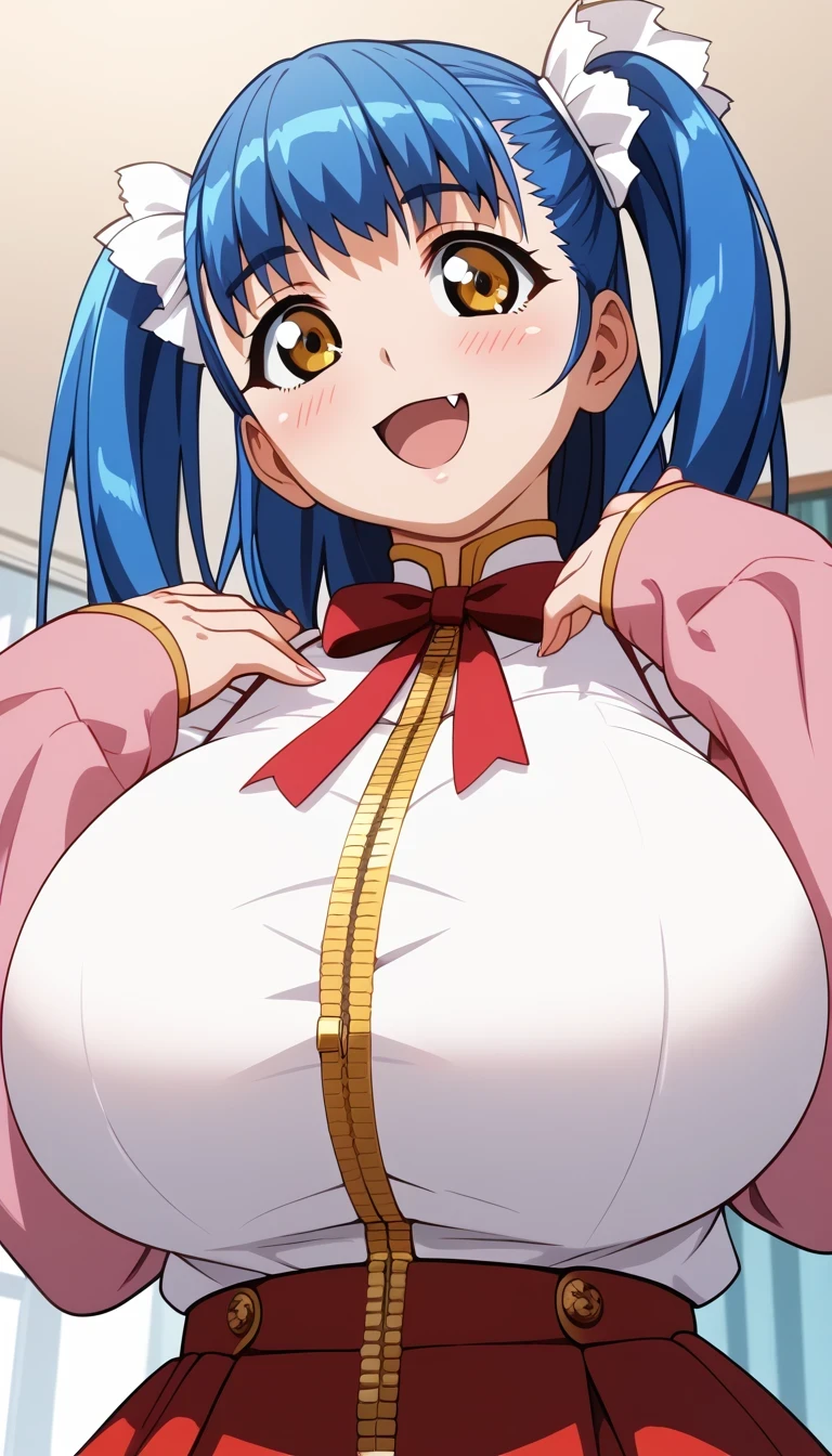 (Tuile(gravion),huge breasts,blue hair,yerrow eyes,twintail,two side up),(tuck out shirt,white shirt,red waist ribbon,gold zipper,white frill,red ribbon,Pink sleeves,Pink Shoes、White socks:1),official art,smile,blush,open mouth,fang,view from below,gigantic breasts