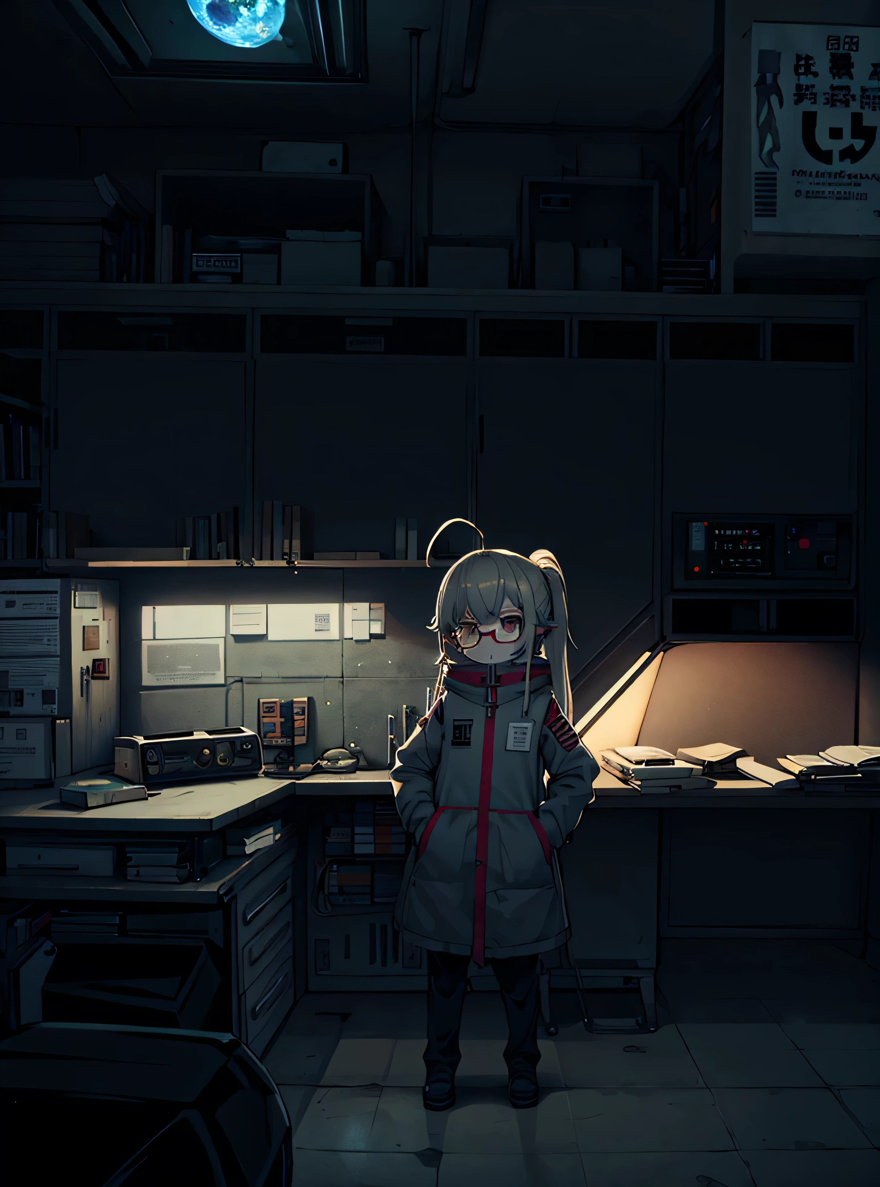 Science fiction,a science fiction film,cannons,Long-range missiles,Based on the Film Foundation ,Woman,,28 years old,Zito-order,Brown eyes,Long hairstyle,Unkempt hair、White-gray on black hair,Scientist uniform,White researcher coat,Open Meadow,Rebel,Chaotic,A futuristic world,Socialist world,Snow,lab room、stoop、big round glasses、with hands in pockets