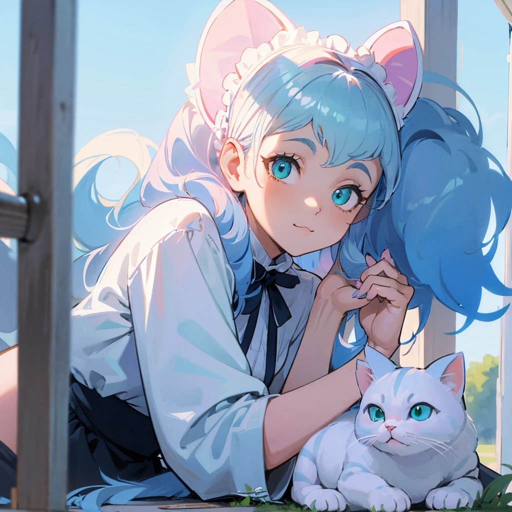 (Felicia:1.5),  blue hair , green eyes, Cat&#39;s tail,  happy ,  cute smile, Highlight Details, Big Breasts,  happy , (Inside an old train with a cat theme)  sitting at table ,  Drinking Coffee,Beastman、Cat&#39;s paw、long hair、Curly hair,